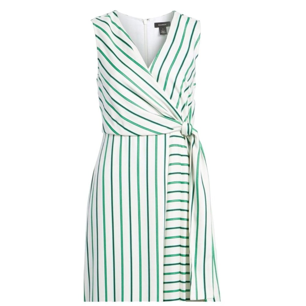 Halogen Draped Faux Wrap Striped Green White Dress L Green White Lined - Picture 4 of 16